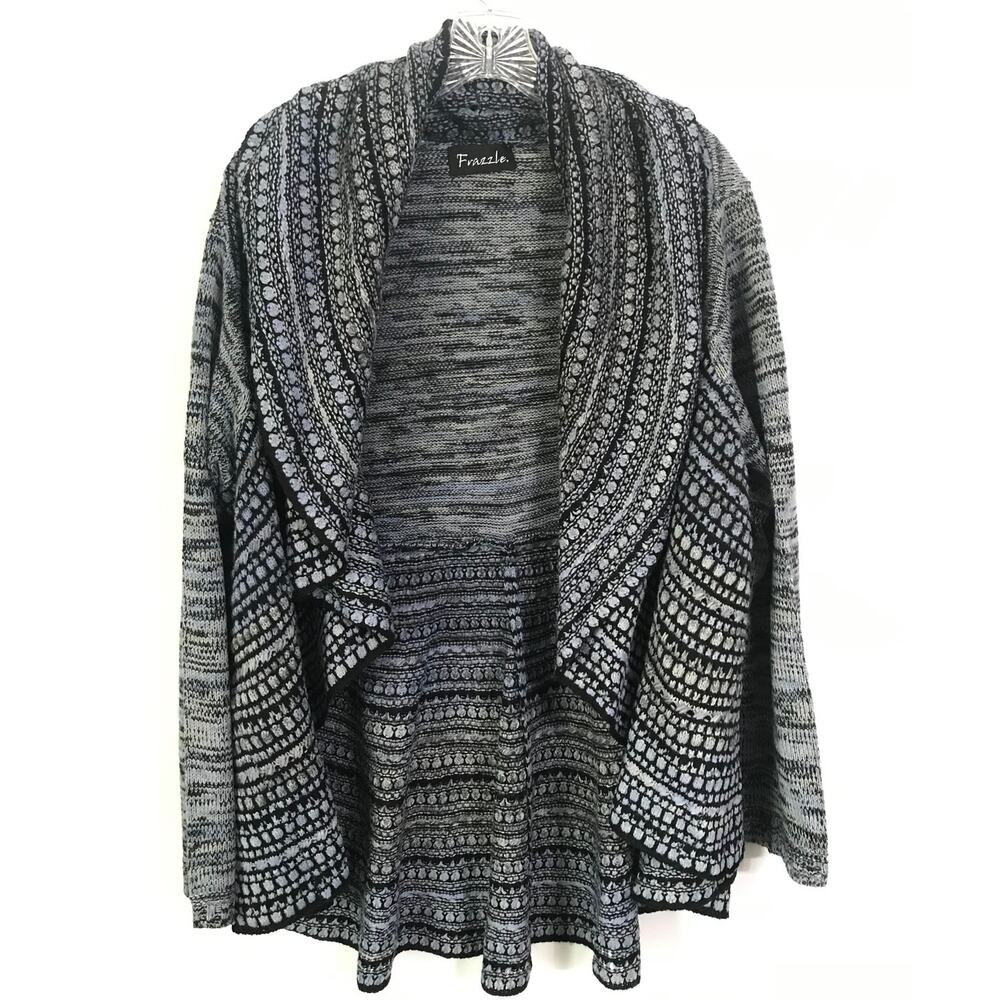 Frazzle Sweater Large Womens Crocheted Variegated Navy Light Blue Knit Boho Y2k